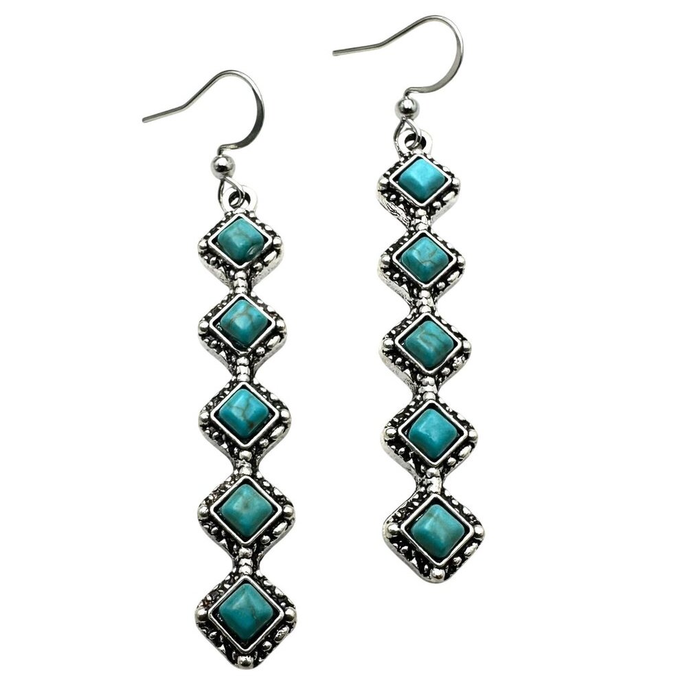 Western Style Silver Tone Chandelier Pierced Earrings Faux Turquoise 2.5"